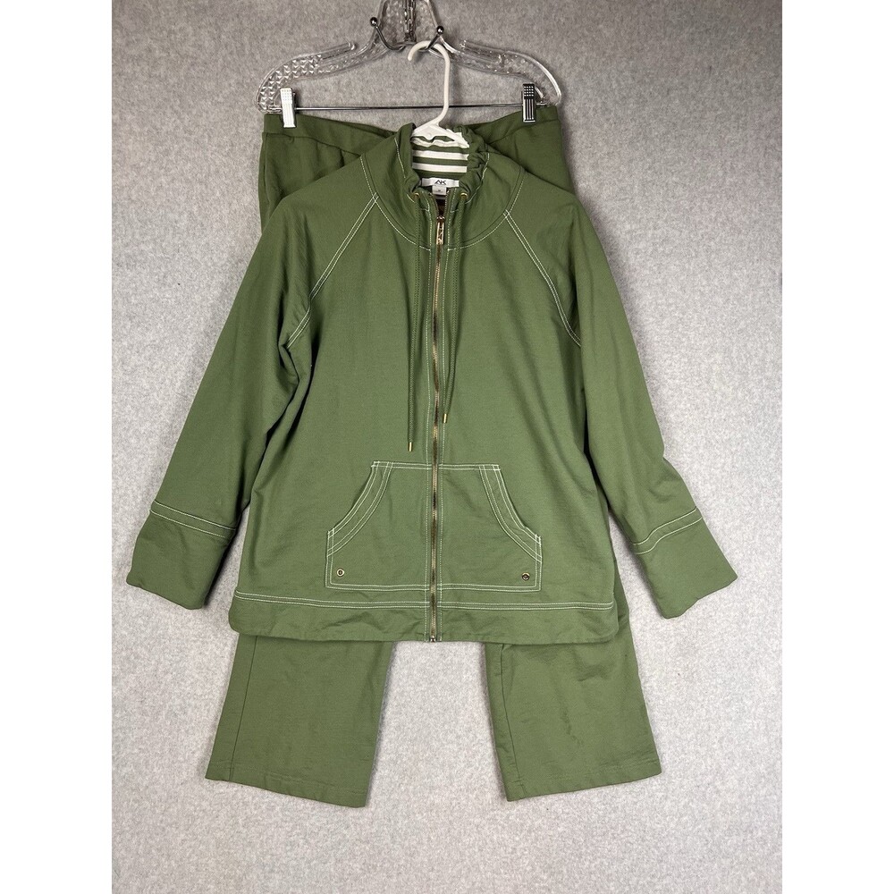Anne Klein  Sport Womens 1X Jacket & Pants Full Zip Nautical Olive Green 2 Pcs